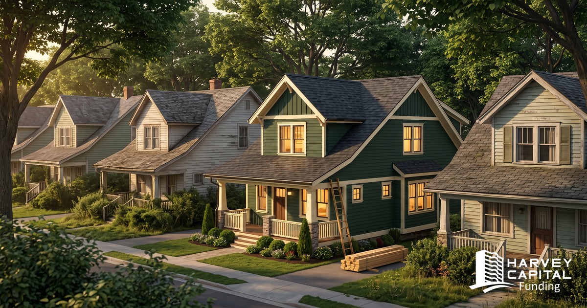 A street of older early-1900s and mid-century houses under mature trees at golden hour, with one freshly renovated house in deep green and cream in the middle, new lumber and a ladder by its porch