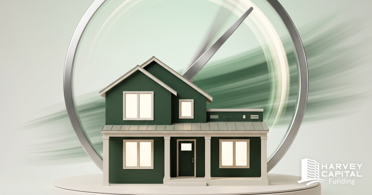 Modern 3D render of a forest-green house inside a minimalist sweeping clock — a loan closed in under 24 hours