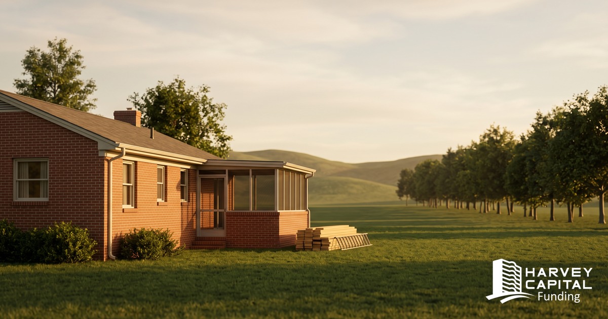 One-story red-brick 1950s ranch with a screened porch on a wide green lot in rural Virginia at golden hour, lumber and a ladder staged beside the porch for a renovation, financed with a Harvey Capital Funding rehab loan
