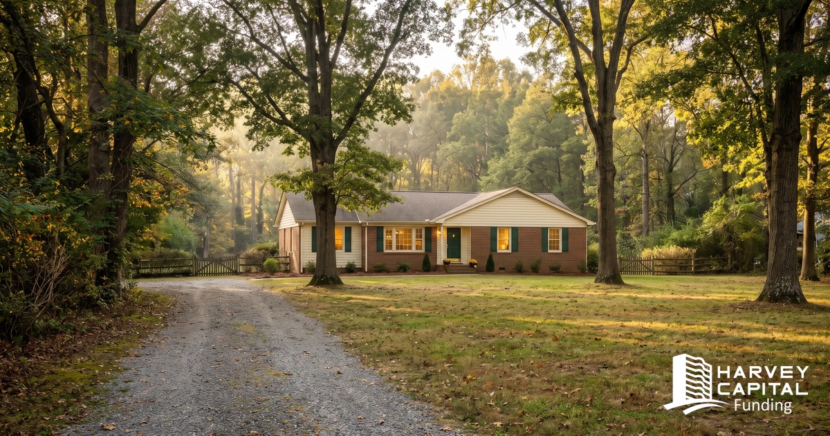 A single-story brick and siding ranch house on a wooded rural lot with a gravel drive at golden hour, the kind of Westmoreland County, Virginia property financed with a Harvey Capital Funding loan