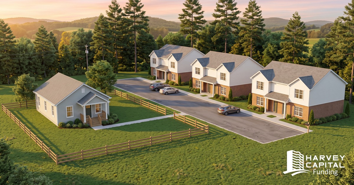A small light-gray one-story house behind a split-rail fence beside three two-story white and brick duplex buildings on a paved lot, pines and rolling hills behind at golden hour, financed with one Harvey Capital Funding loan