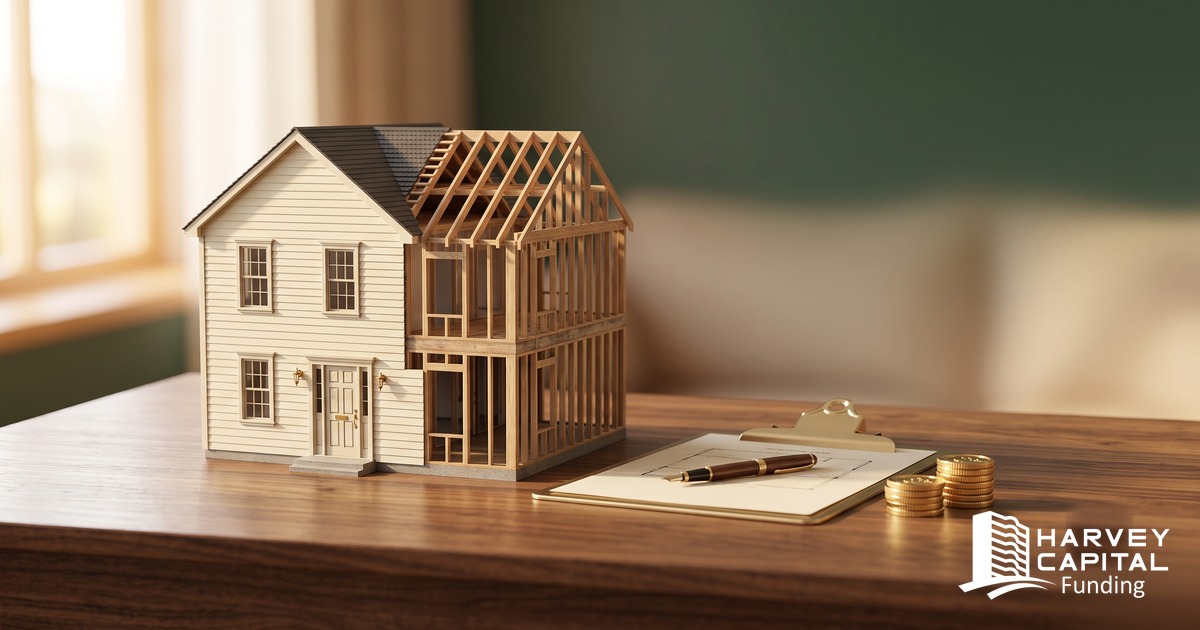 A model house mid-renovation beside a contractor's clipboard and a short stack of coins — a budget too small to finish the job