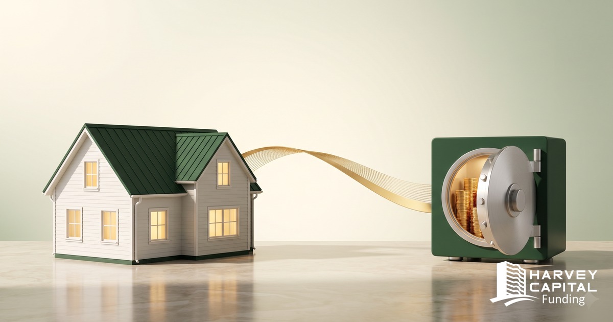 A renovated home and a bank vault filled with gold coins, connected by a golden ribbon — illustrating that the disbursed portion and the held-back portion of a hard money loan both belong to the lender. Harvey Capital Funding.