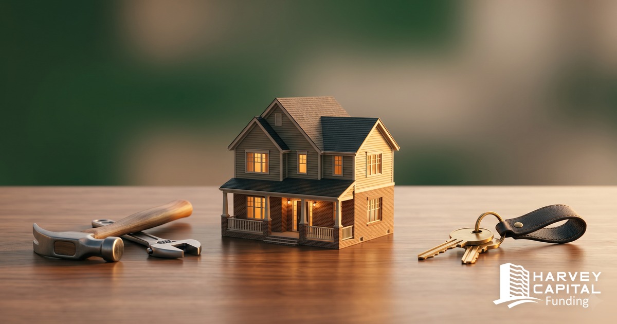 A model house with renovation tools on one side and house keys on the other