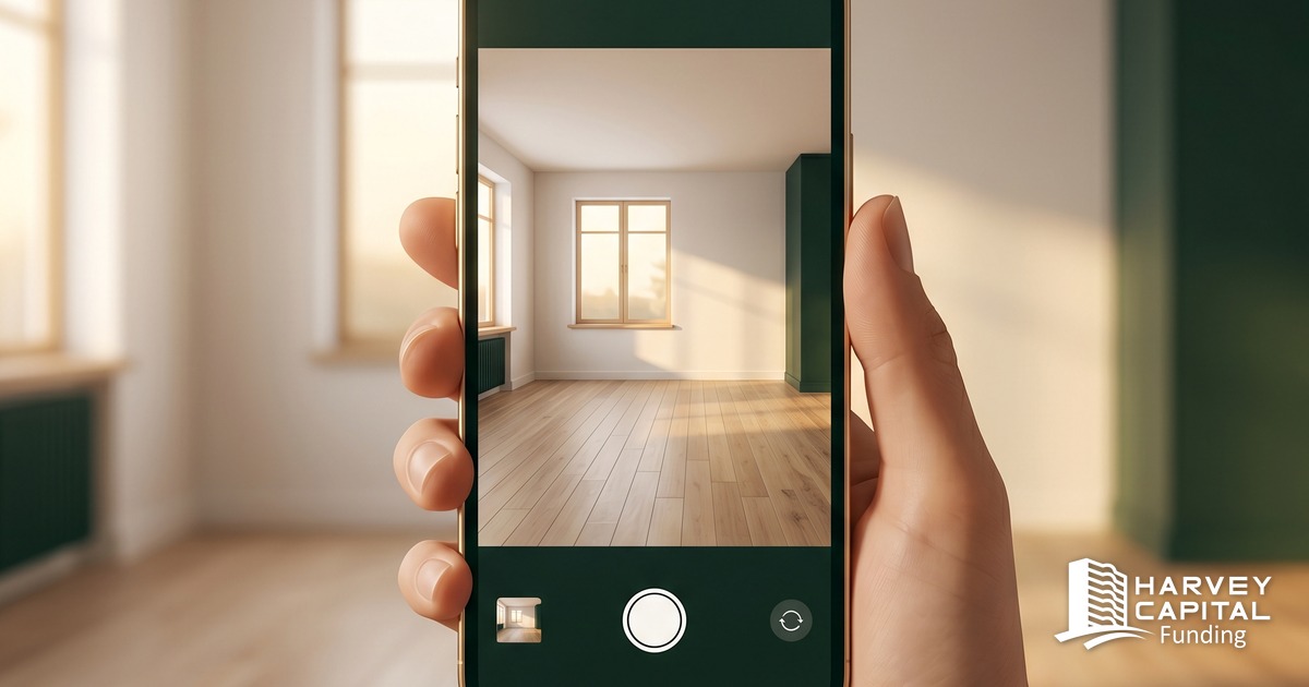 A real estate investor holding up a phone to photograph a freshly renovated room, completing a guided virtual draw inspection. Harvey Capital Funding.