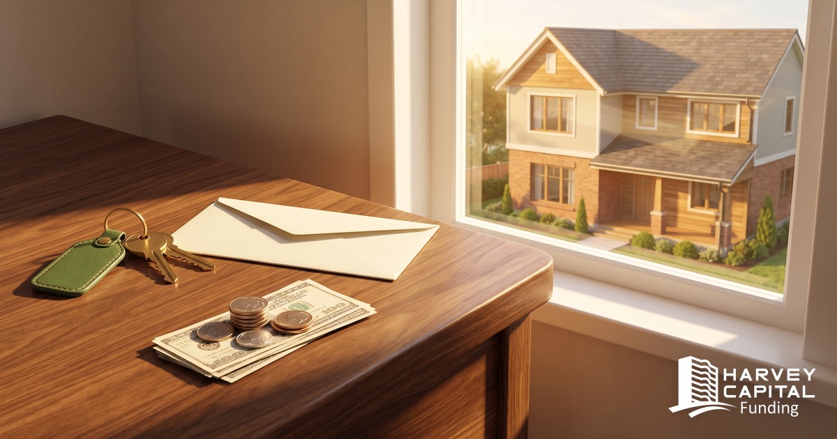 A walnut desk by a sunny window with brass house keys on a green leather fob, a cream envelope, and a small stack of coins and folded bills, a renovated two-story house visible outside