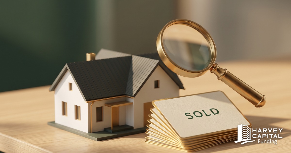 A model house beside a fanned stack of SOLD comparable-sale cards under a magnifying glass — illustrating disciplined ARV analysis from real sold comps. Harvey Capital Funding.