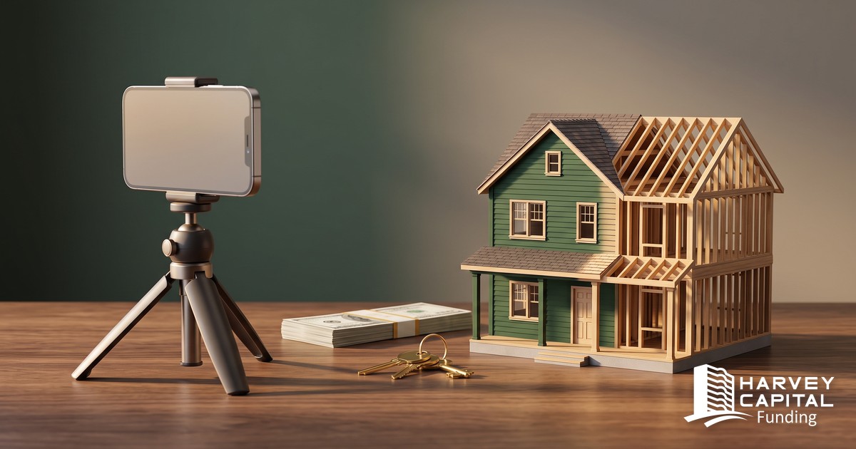 Smartphone on a tripod filming a model home mid-renovation, with cash and keys on the table — Harvey Capital Funding's video draw process