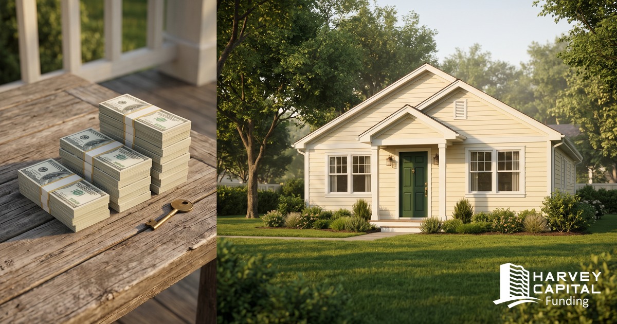 Three stacks of cash stepping up in height beside a brass house key on a wooden porch table, with a freshly renovated house behind them