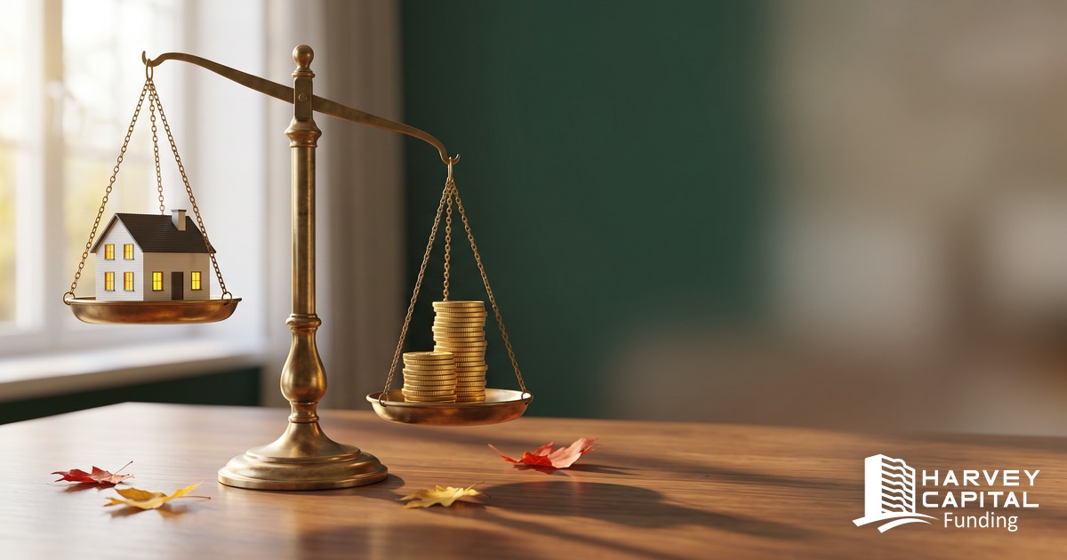 A brass balance scale on a walnut desk in autumn light, a small model house on the raised pan and two stacks of gold coins on the lowered pan