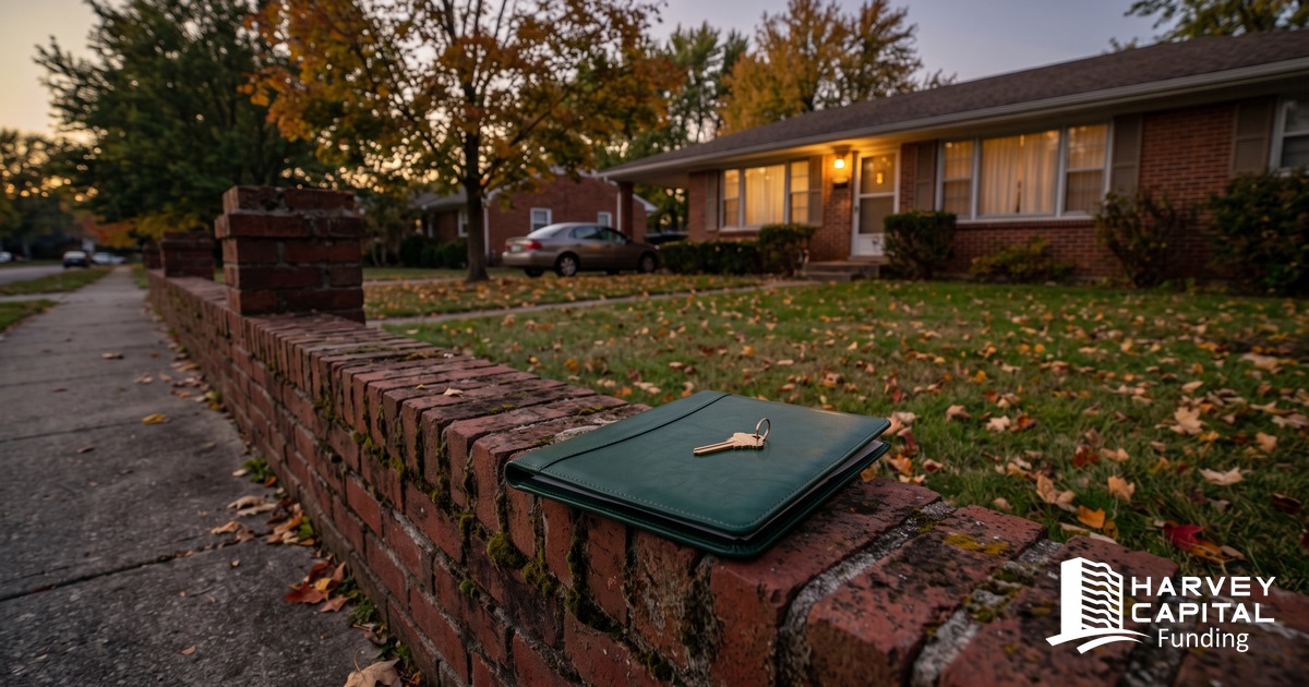 A green leather folder with a brass house key resting on a brick garden wall at dusk, in front of a brick ranch house with its lamps on and a car in the driveway