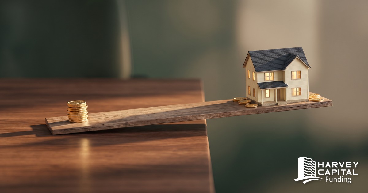 Model house balanced on a plank cantilevered over a table edge, counterweighted by a stack of coins — the over-leverage trap