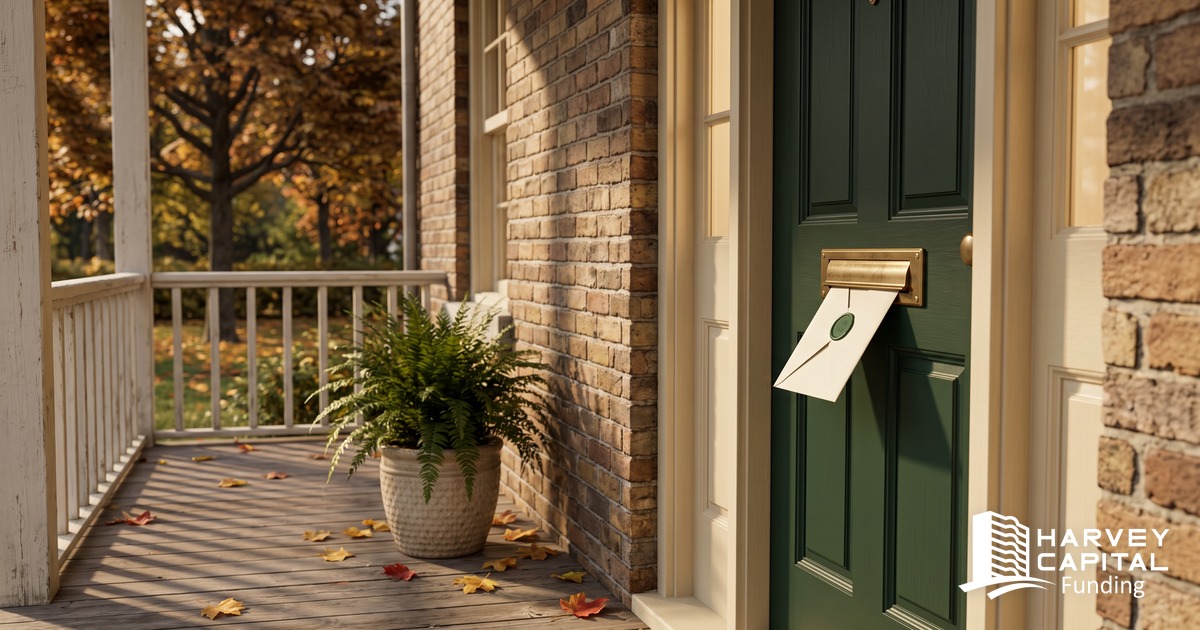 A cream envelope sealed with a green wax seal slipping through the brass mail slot of a deep green front door on a brick porch in autumn
