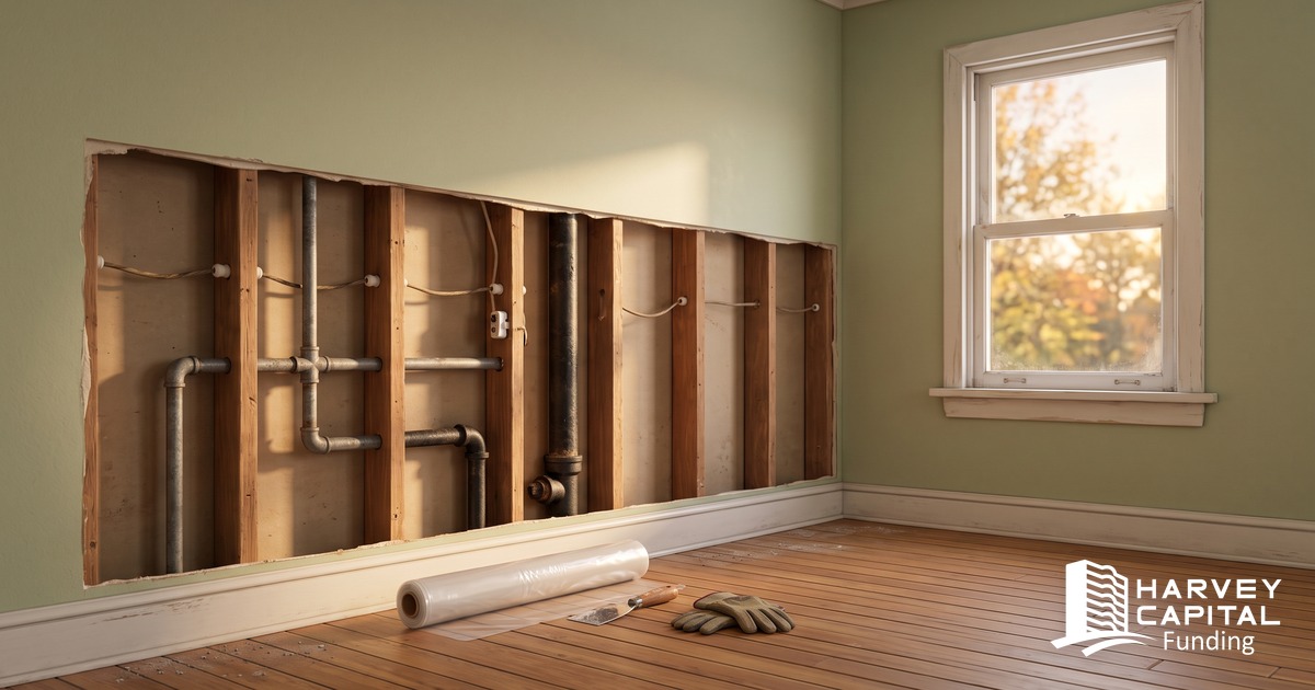 A 1950s room mid-renovation with a plaster wall opened to the studs, showing old galvanized water pipes, a cast-iron drain stack, and cloth-covered wiring on ceramic knobs, with plastic sheeting, a paint scraper, and work gloves on the wood floor
