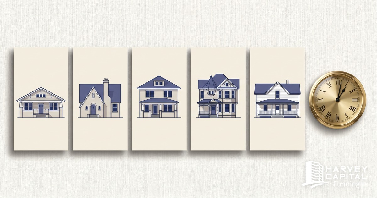 Architectural illustration: a row of Central Virginia house facades and a brass clock — Harvey Capital Funding's 9-deal pipeline analysis