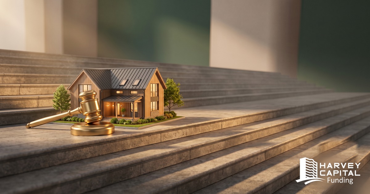 A model house and auctioneer's gavel on courthouse steps