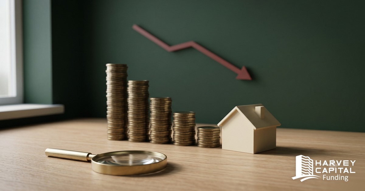 Harvey Capital Funding — a small architect-style model house on a polished wood desk with an elegant magnifying glass hovering above and a checklist beside it; the visual metaphor for a lender as an objective second set of eyes on a borrower's deal