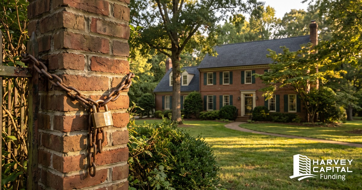 An iron chain and brass padlock wrapped around a brick gatepost in front of a two-story Virginia brick house at golden hour