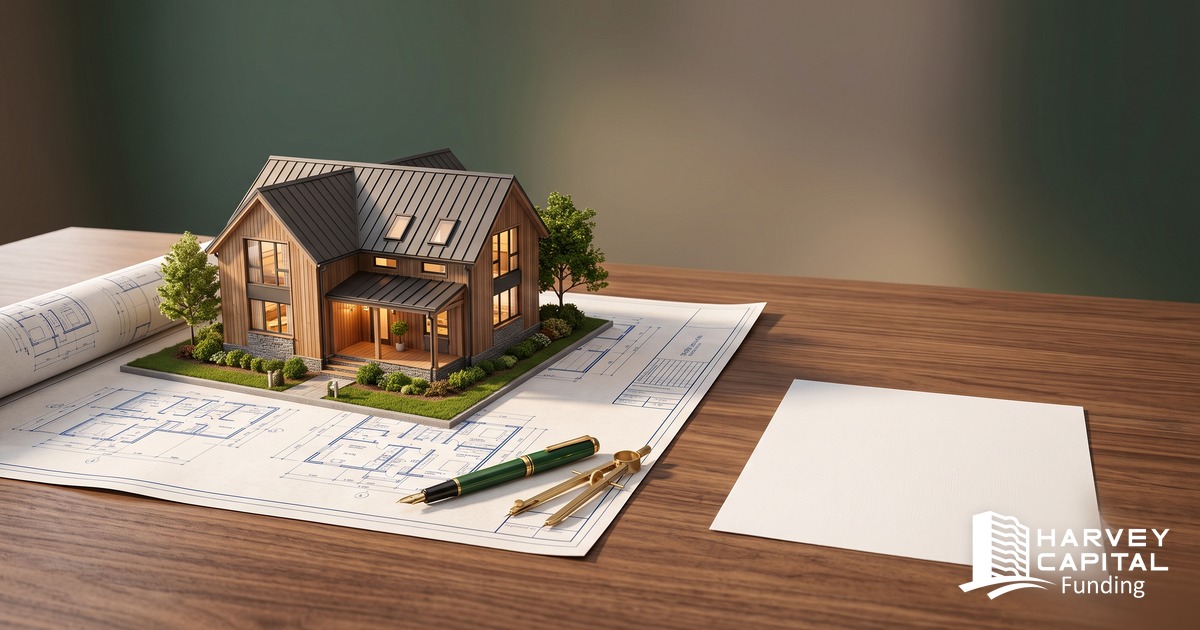 A model house sitting on architectural blueprints beside a fountain pen and drafting compass