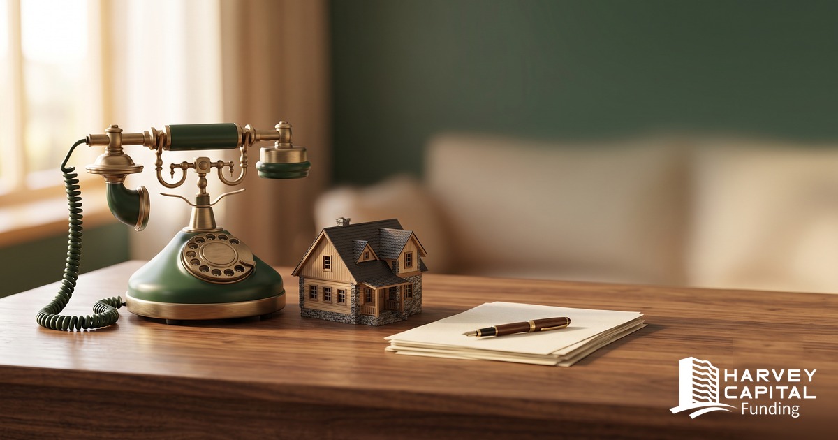 A single telephone beside a model house and loan documents — one phone, one desk, one decision