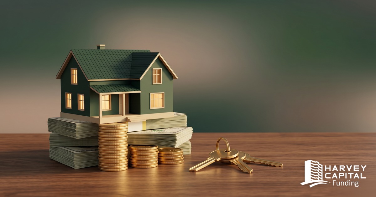 Model home standing on a foundation of stacked coins and cash, representing property equity used as a down payment